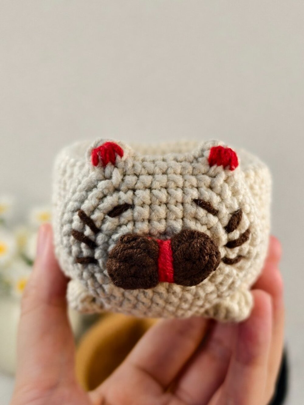 Handmade Amigurumi Crochet Gray Kitten Shaped Storage Box